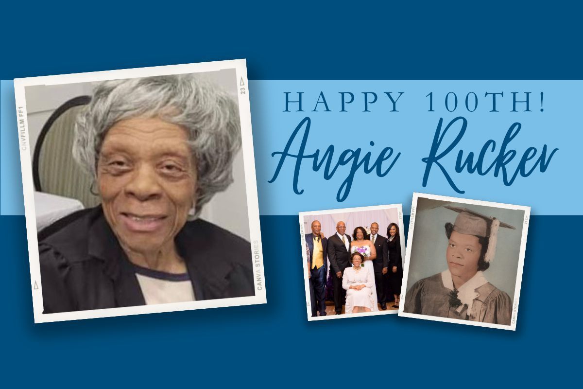 A picture of an elderly woman with the words happy 100th angie rocker