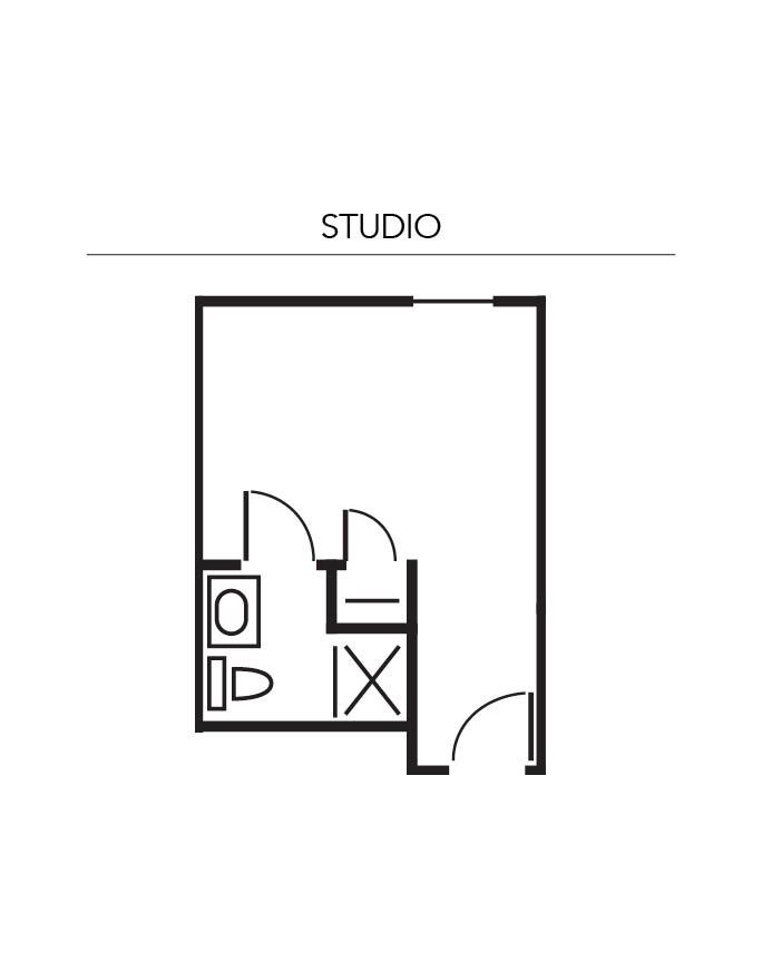 A black and white floor plan of a studio.