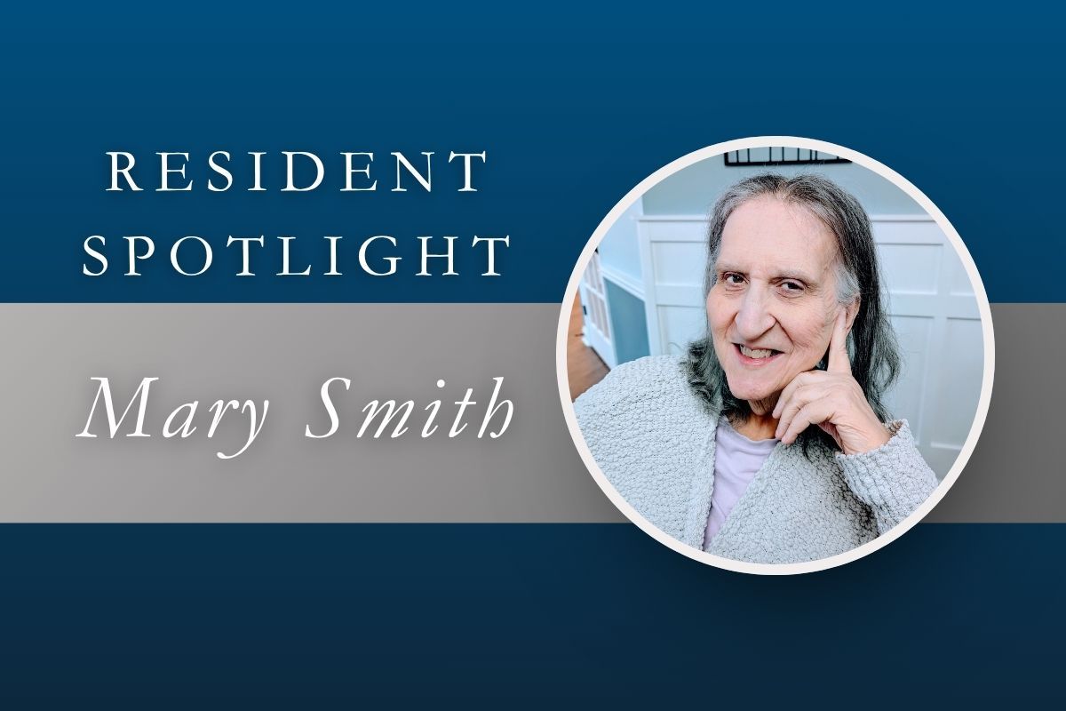 Resident Spotlight banner with a portrait and the name Mary Smith on a blue background