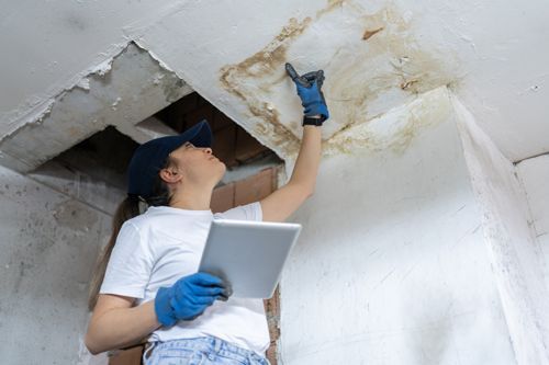 Insurance adjuster inspecting damages on construction site.