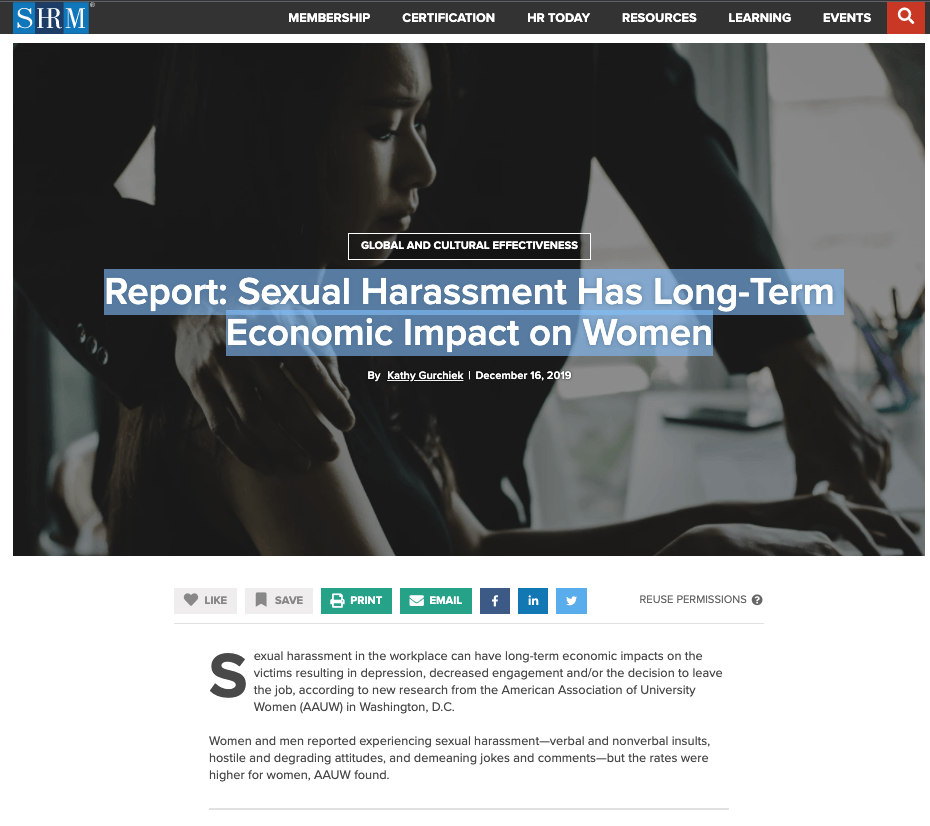 Check Out the SHRM Report: Sexual Harassment Has Long-Term Economic Impact on Women