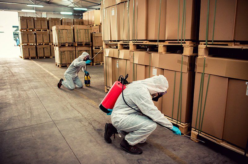Exterminators in Warehouse Spraying Pesticides — East Bernard, TX — Scott's Pest Control