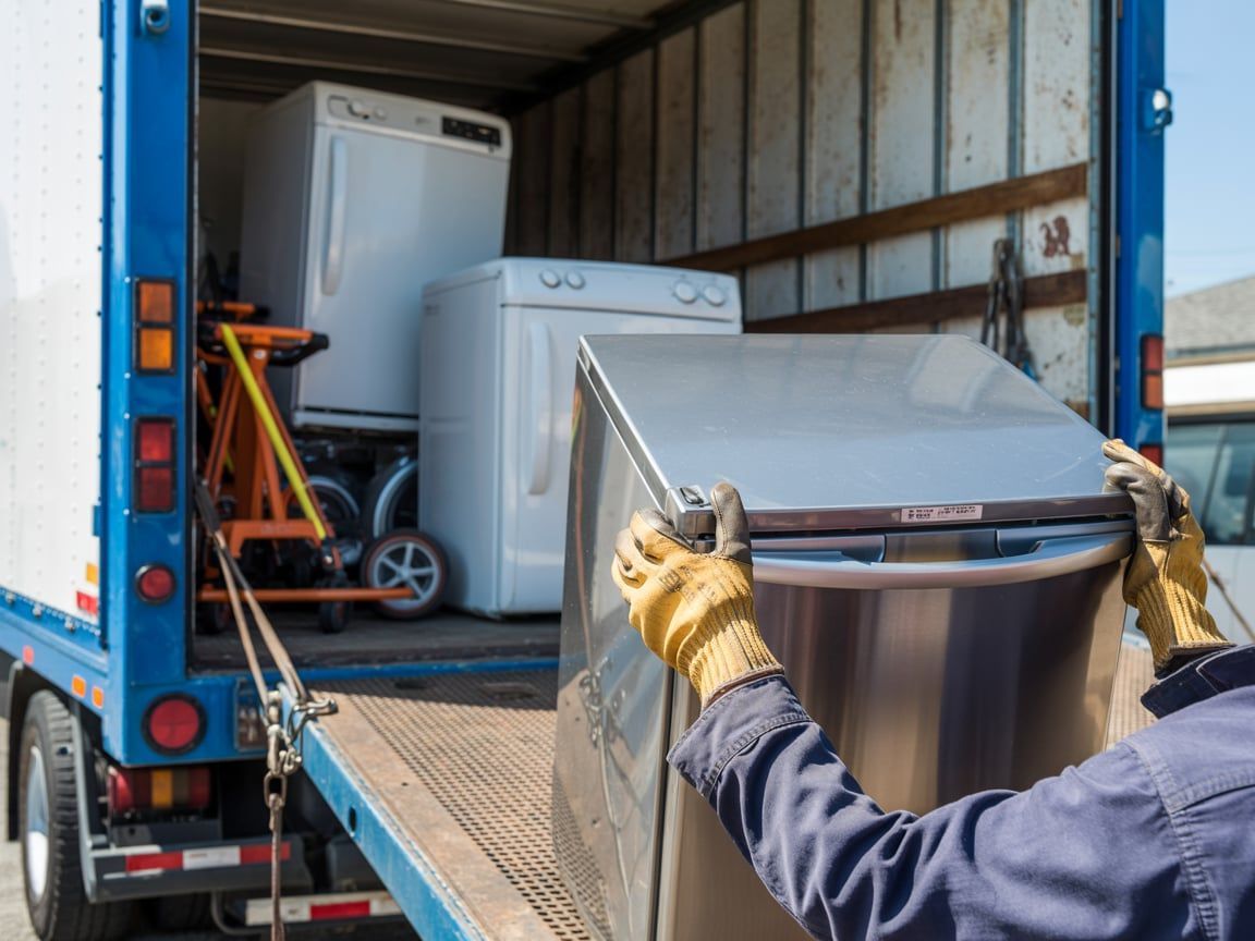 A person loading a silver dishwasher into a blue truck with other appliances.