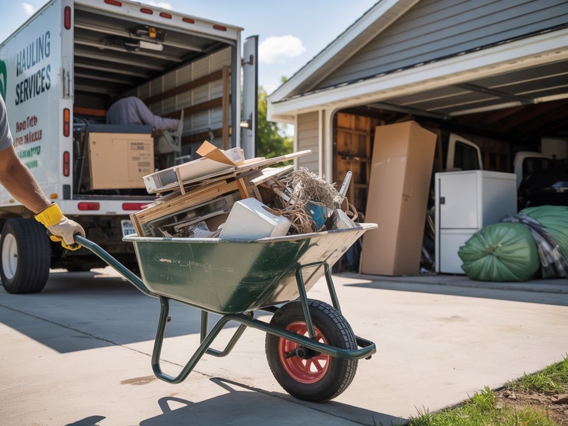 Person using a wheelbarrow to move junk into a hauling truck parked in a driveway.
