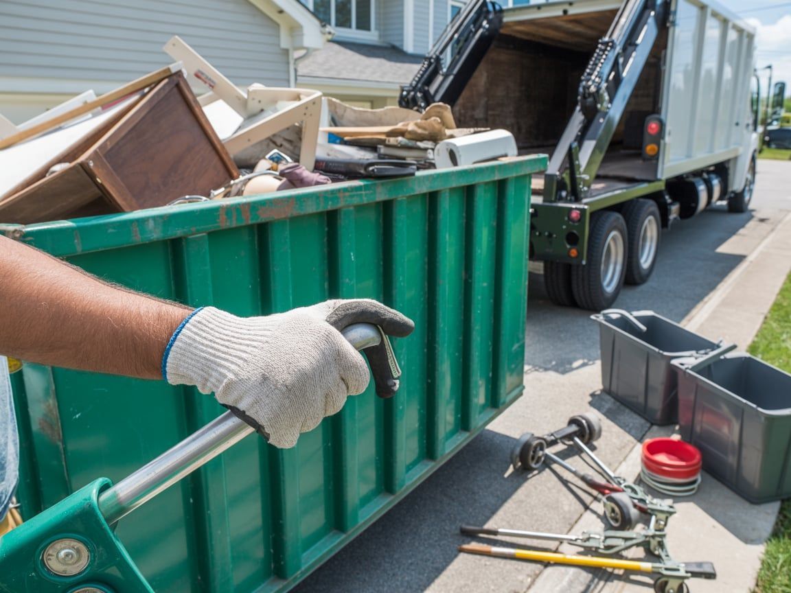 Person in work gloves loading a green dumpster with debris, a garbage truck in the background, and other items on the ground.