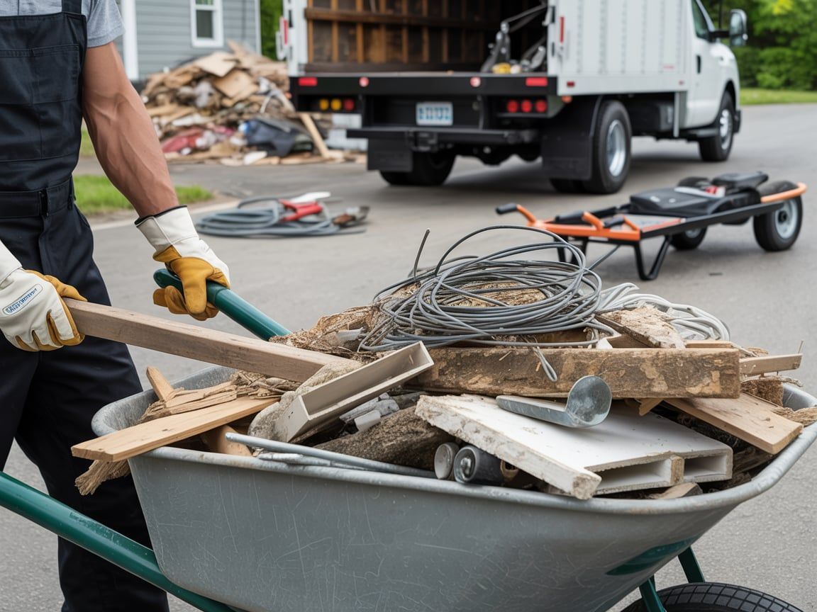 Man wheeling a full wheelbarrow of debris, with a truck in the background, for junk removal.