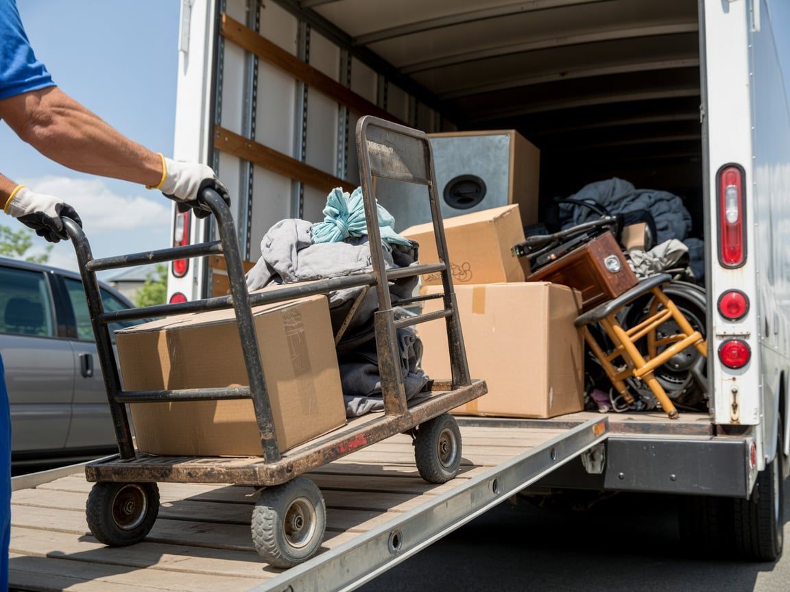 Person loads moving truck with a hand truck. Boxes and furniture inside truck.