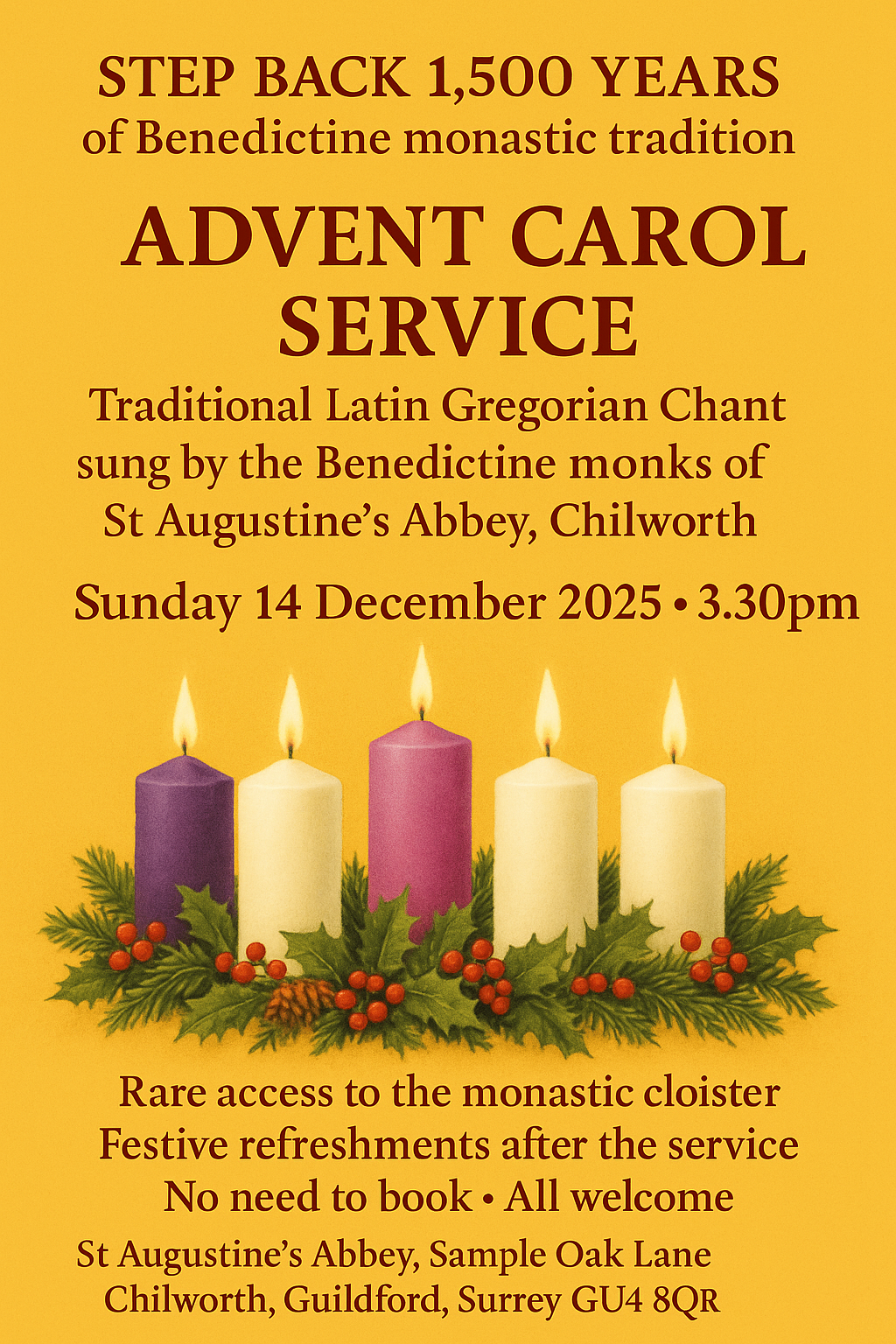 Come to our Advent Carol Service with Gregorian Chant - Sun 14 December 2025, 3.30pm