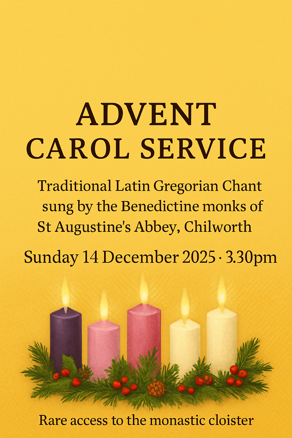 Come to our Advent Carol Service with Gregorian Chant - Sun 14 December 2025, 3.30pm