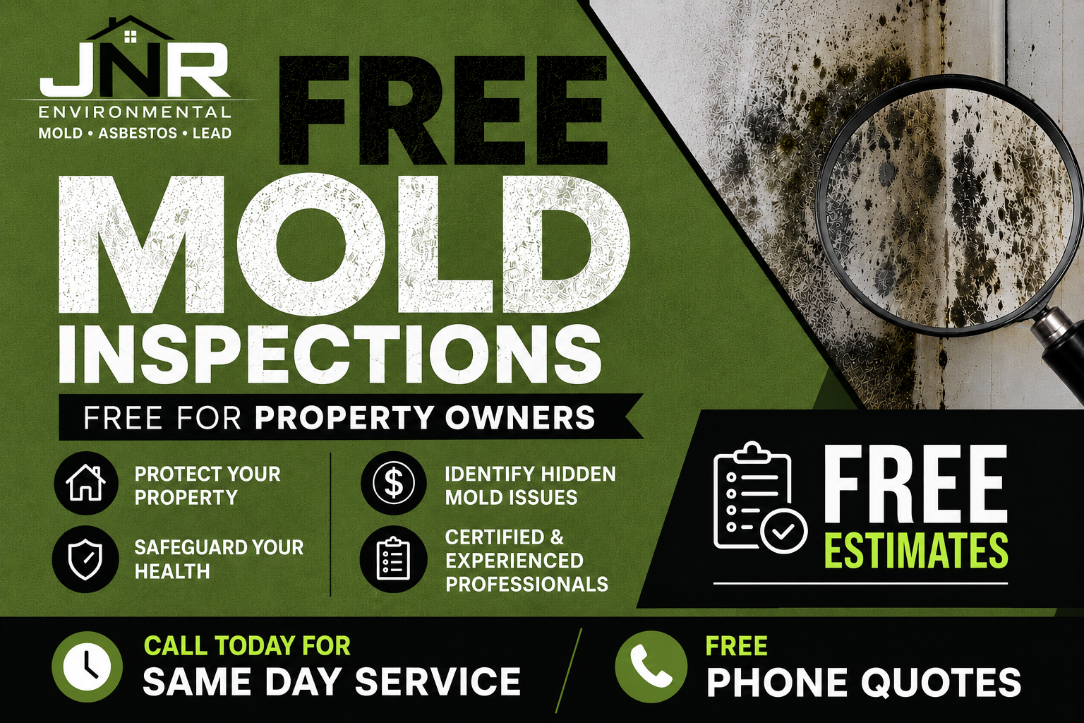 JNR mold inspections ad with “FREE MOLD INSPECTIONS,” black-green design, free estimates and same-day service.