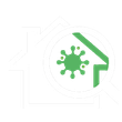 Green virus icon inside a house outline, suggesting home quarantine or infection prevention
