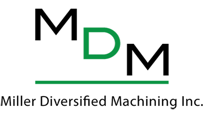 Logo for Miller Diversified Machining Inc.; Black letters MDM with green D and a green line under, black text below.