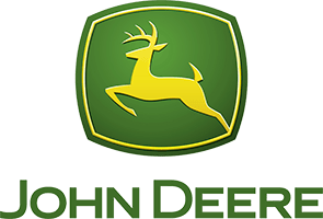 John Deere logo: yellow deer silhouette in a green shield, with the words 