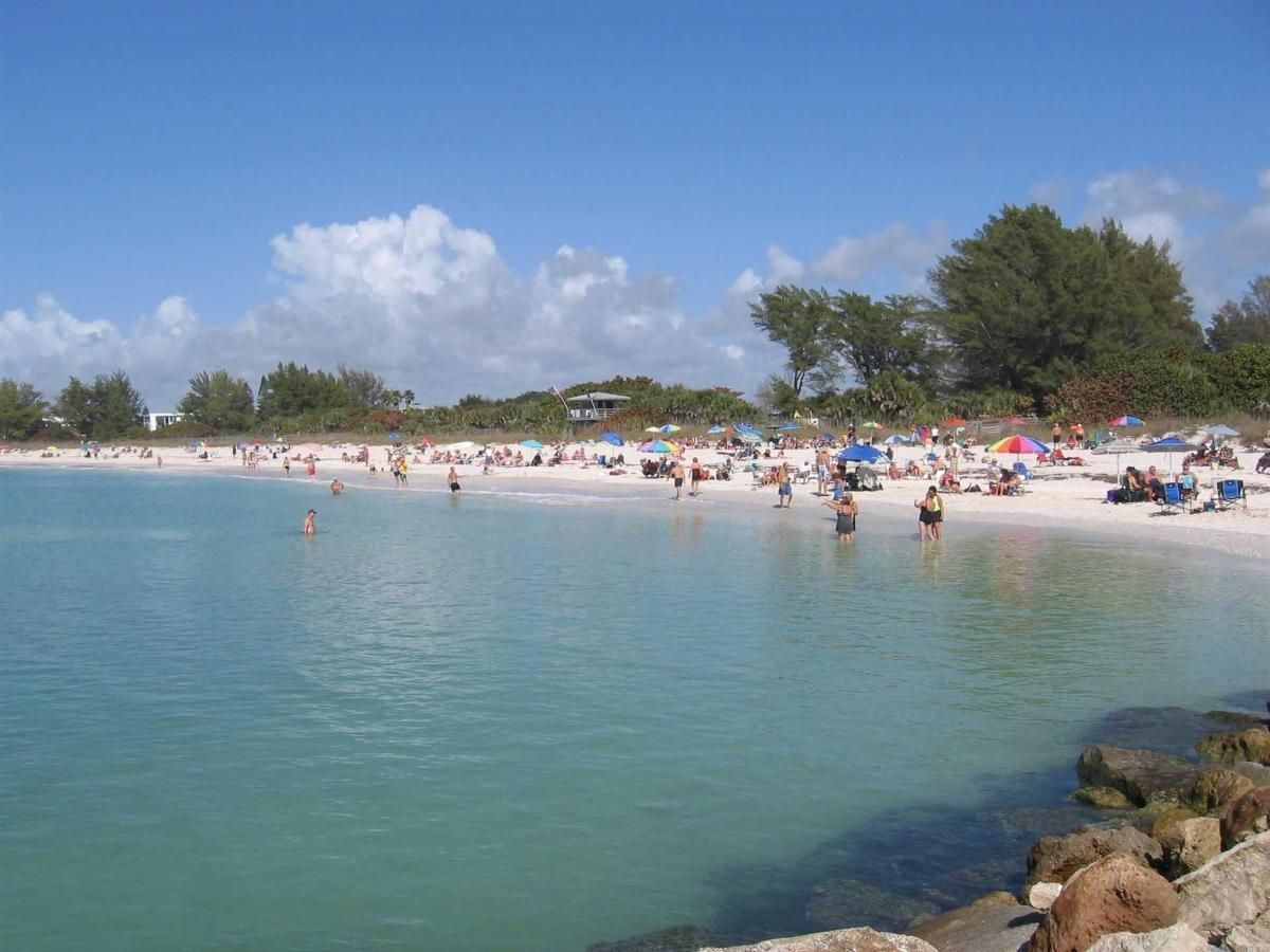 A beach with a lot of people swimming in the water