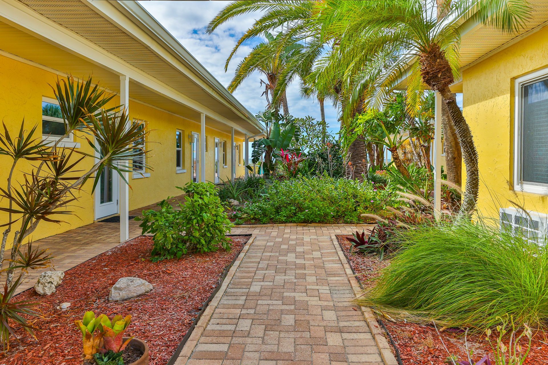 A brick walkway leading to a house with palm trees in the background.