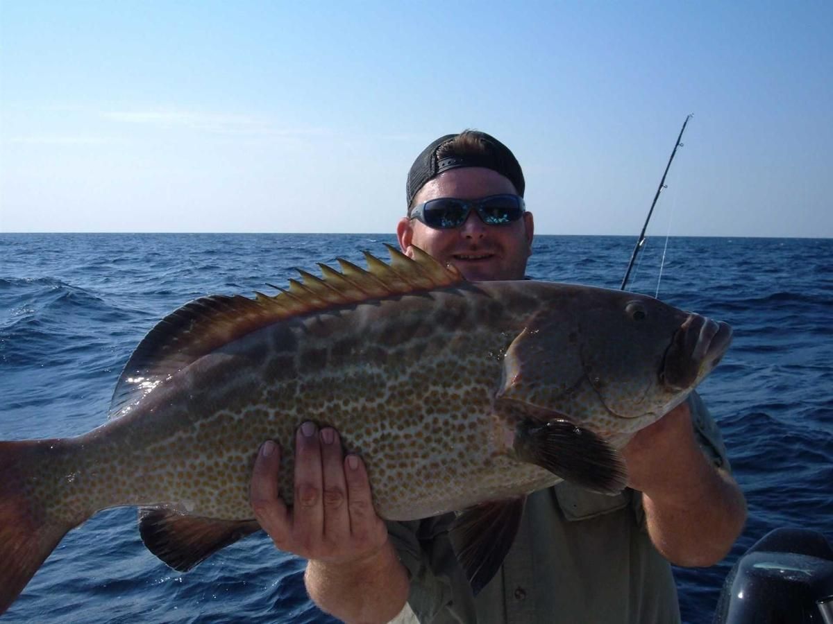 A man is holding a large fish on a boat in the ocean