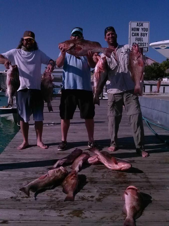 Three men are standing on a dock holding fish and a sign that says