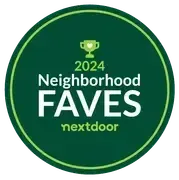 A green circle with the words `` neighborhood faves nextdoor '' on it.