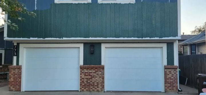 A before and after photo of a house with two garage doors.