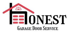 The logo for honest garage door service shows a house with a red roof