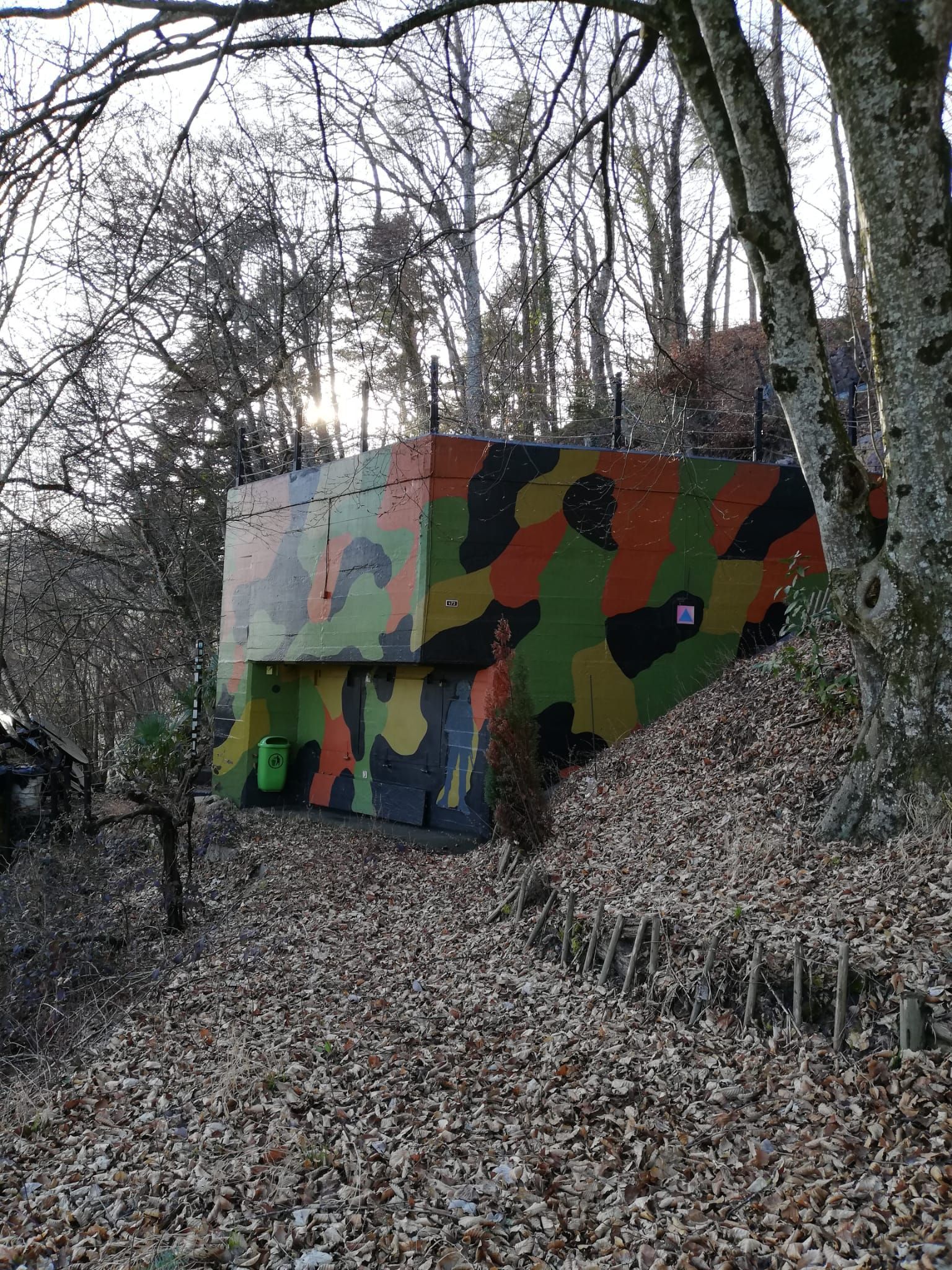 Un bunker camouflé au milieu d'une forêt entouré d'arbres et de feuilles.