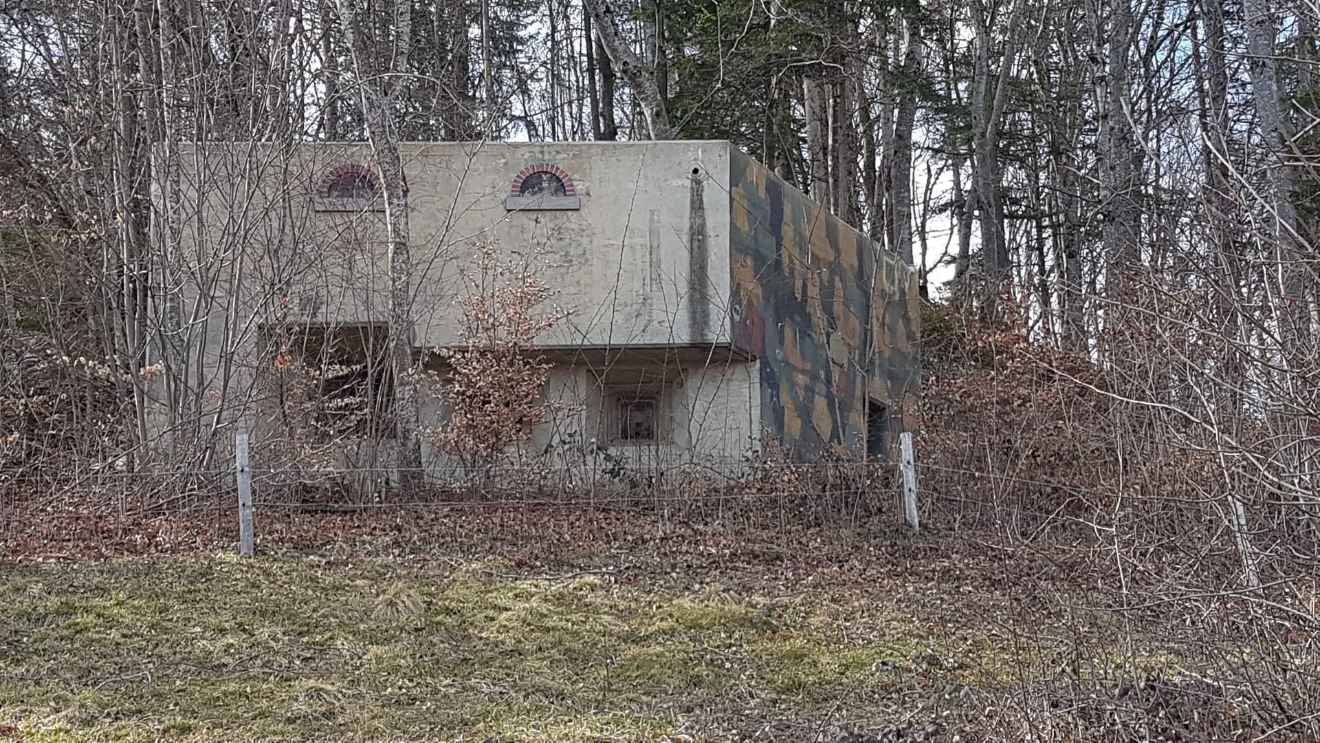 Un bunker se trouve au milieu d'un champ entouré d'arbres.