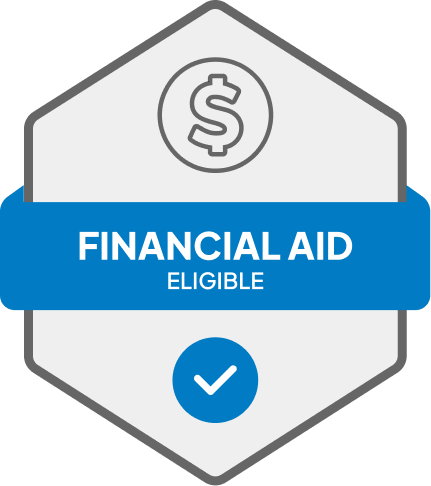 Badge: Financial Aid Eligible, blue banner, building icon, dollar sign.