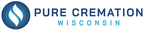 the logo for pure cremation wisconsin is blue and white