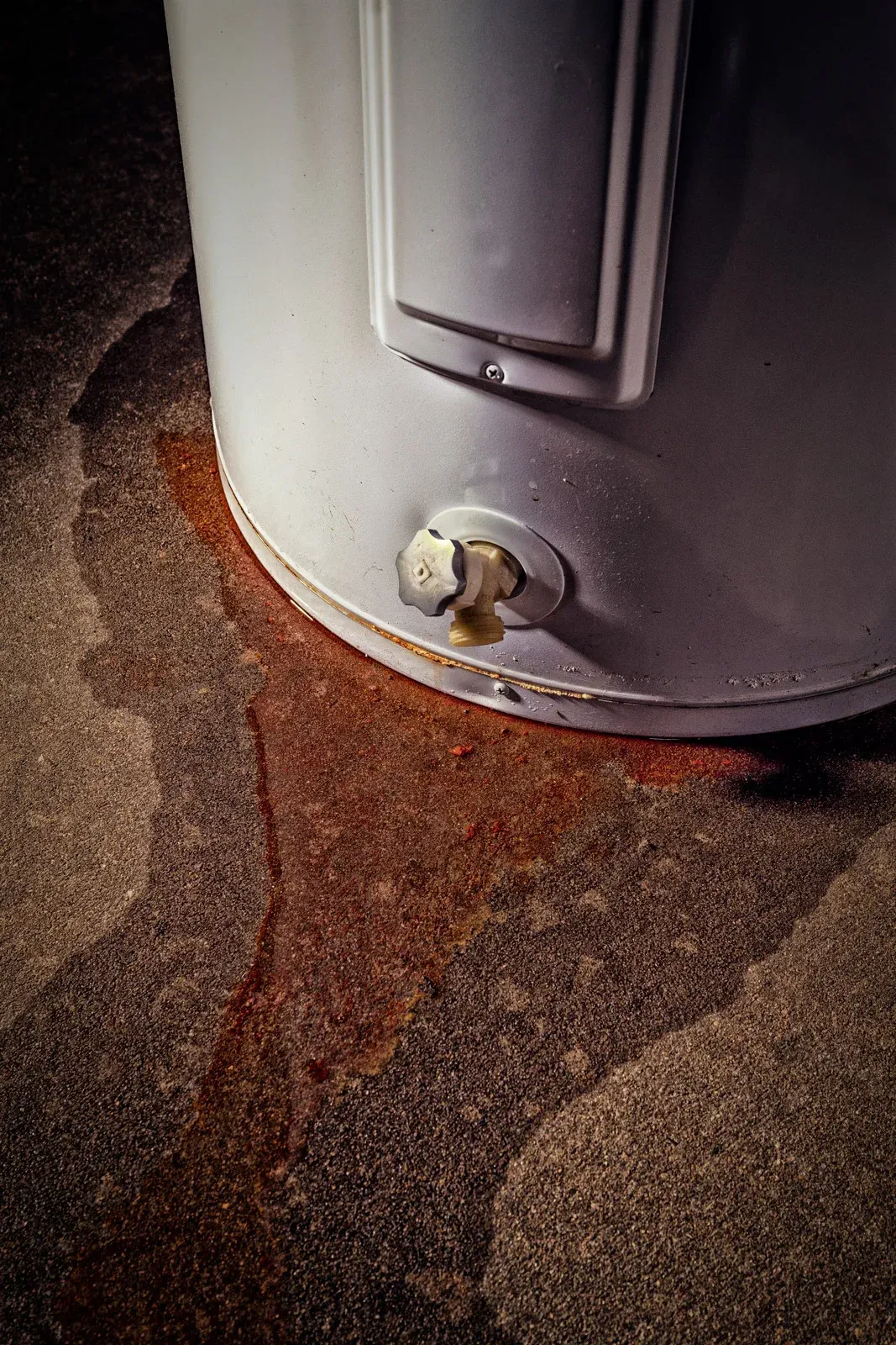 Hands inspecting a water heater with pipes and a beige expansion tank in a utility room