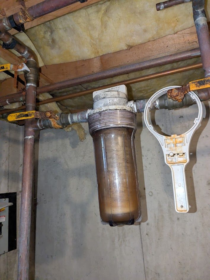 Rusty pipe and filter housing under a basement ceiling, with exposed plumbing and insulation.