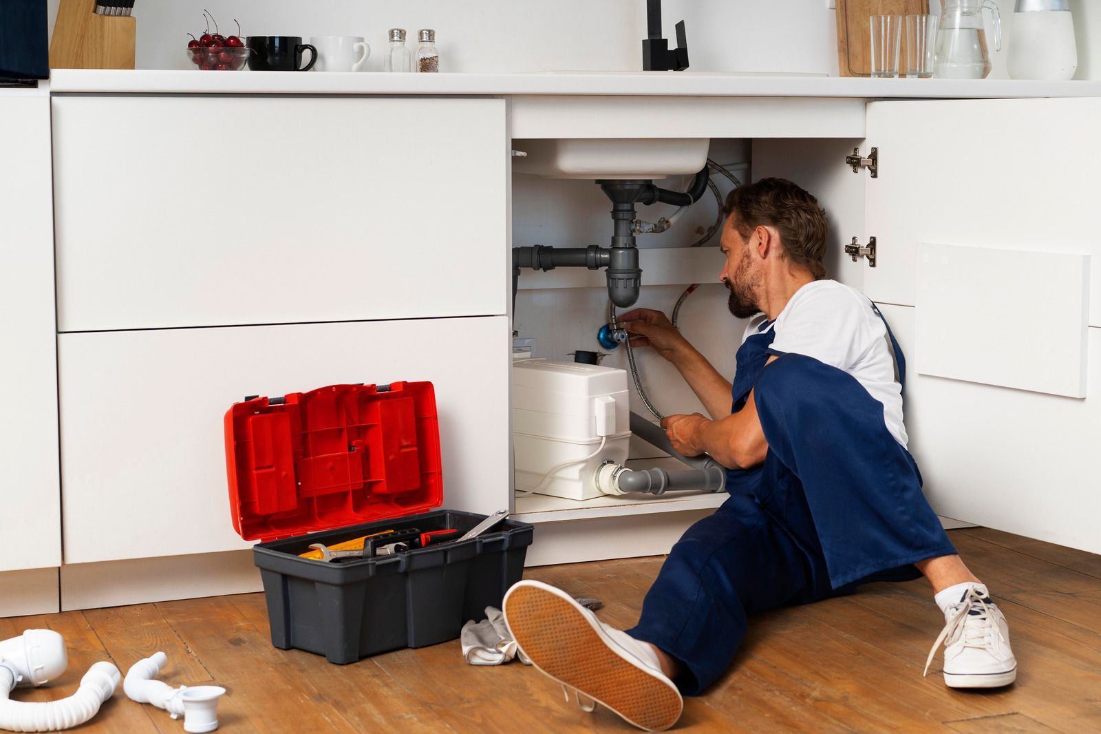 Plumber repairing a kitchen sink with tools open on the floor beneath the cabinet.