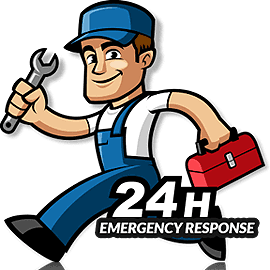 A cartoon of a man holding a wrench and a toolbox.