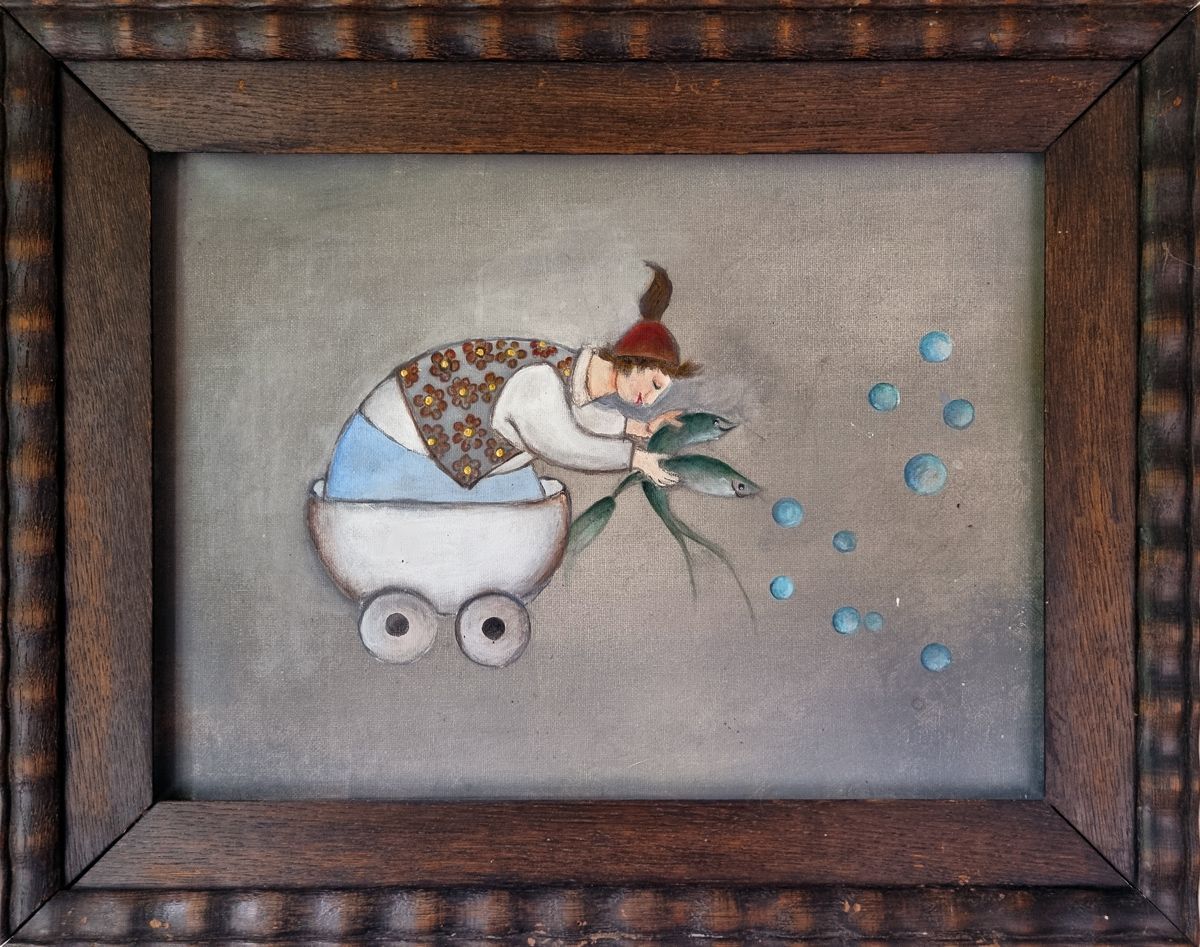 Schilderij van Joke Roberti: Man met vissen