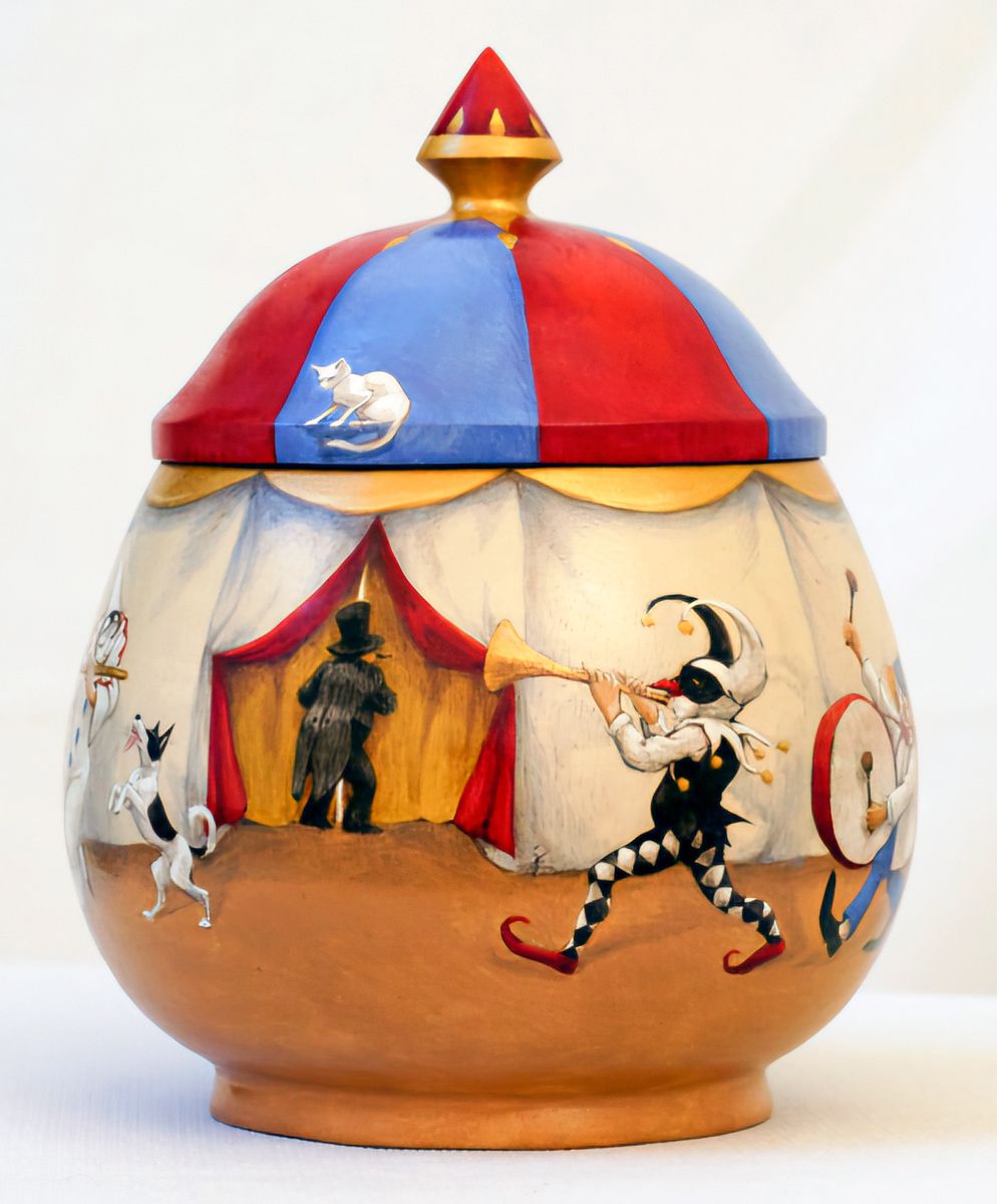 Circus, een beschilderde pot van Maria Huijben