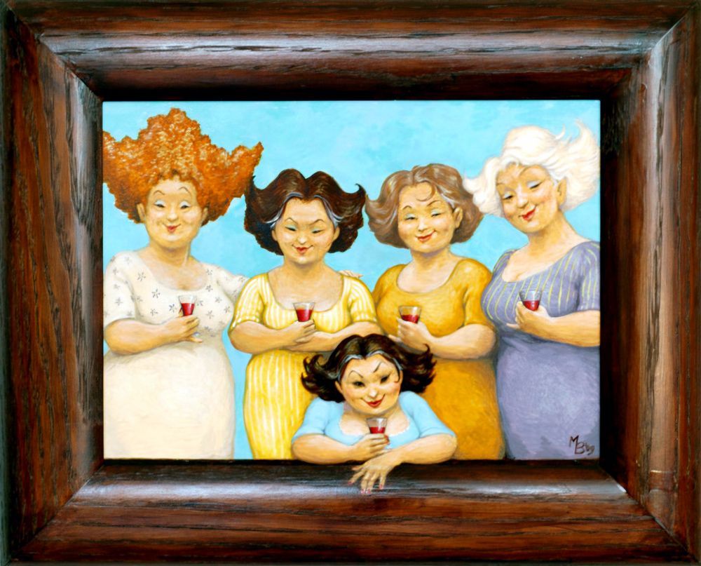 Vijf dikke vriendinnen, een schilderij van Maria Huijben