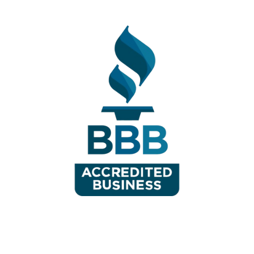 The bbb logo is an accredited business with a flame coming out of it.