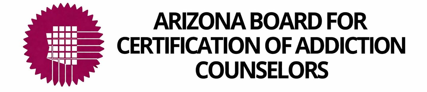 Arizona Board for Certification of Addiction Counselors logo in burgundy with text and outline of Arizona.
