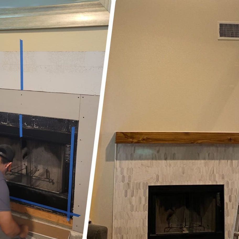 A before-and-after comparison of a fireplace remodel. 