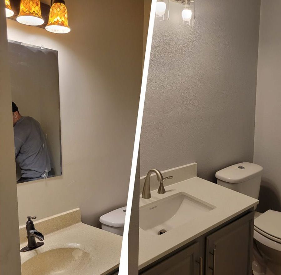 Split view of a bathroom before and after renovation. The after side shows a new sink, counter, and repainted walls.