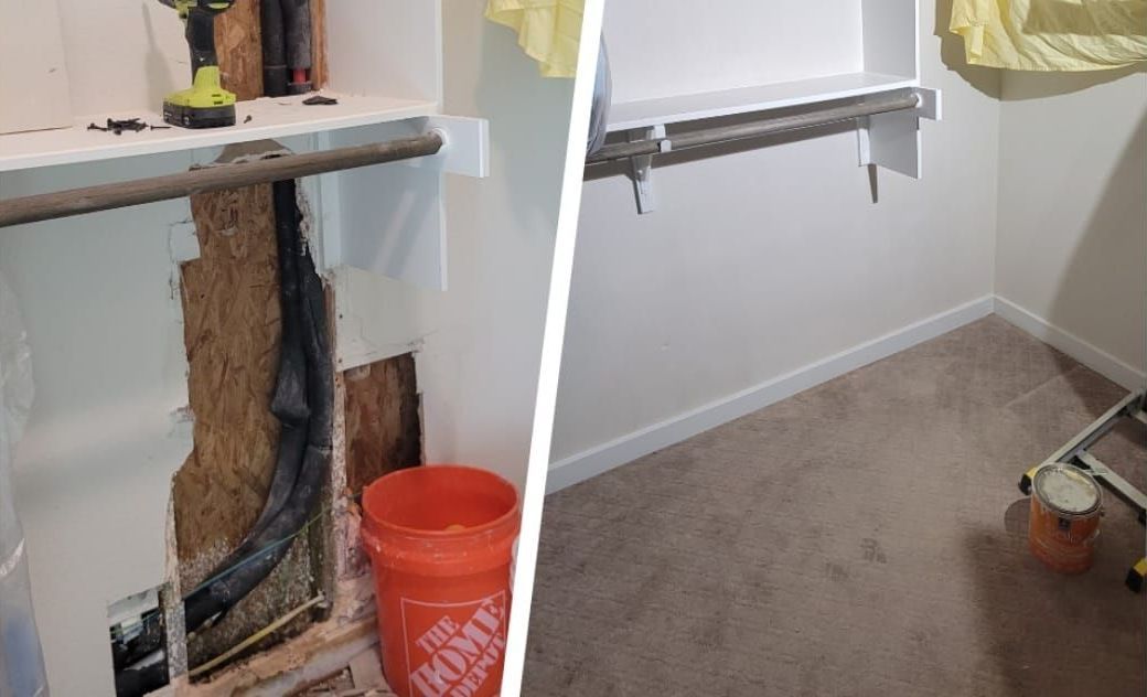 Before-and-after of closet renovation: left side shows exposed wall with bucket, right side finished with shelves and carpet.