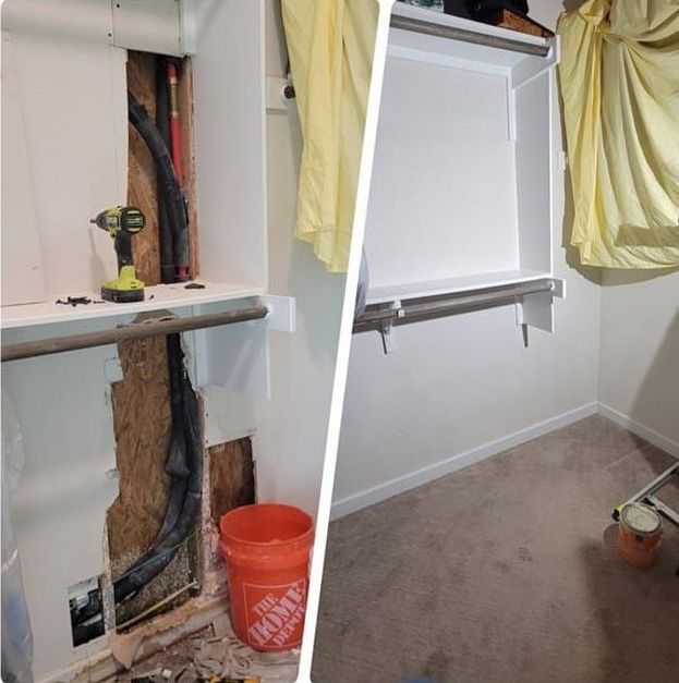 A split view shows a closet renovation. On the left, drywall is removed, revealing pipes. 