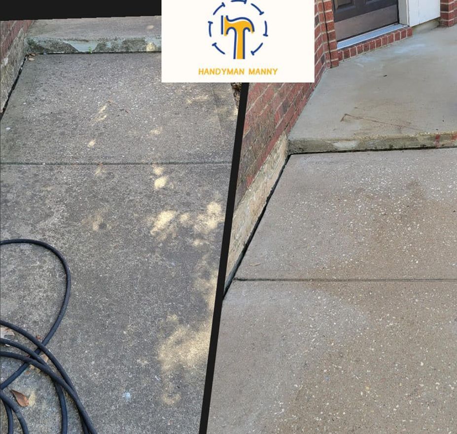 Sidewalk half cleaned, showing the difference between dirty and clean concrete. 