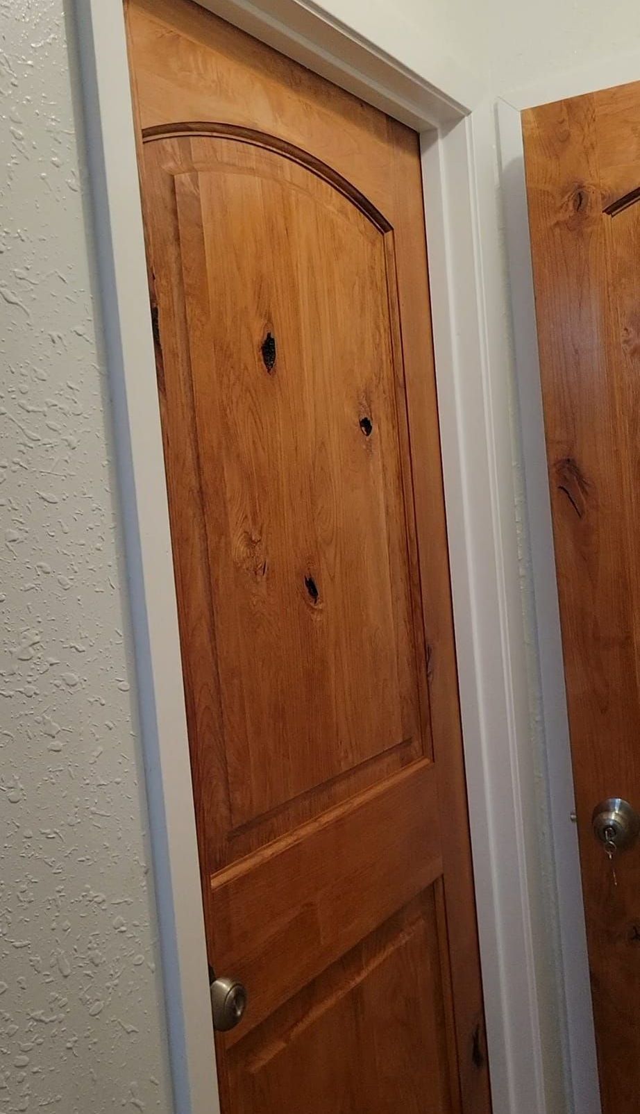 Wooden interior door with an arched top panel and two lower panels, in a white frame. The door is slightly ajar.
