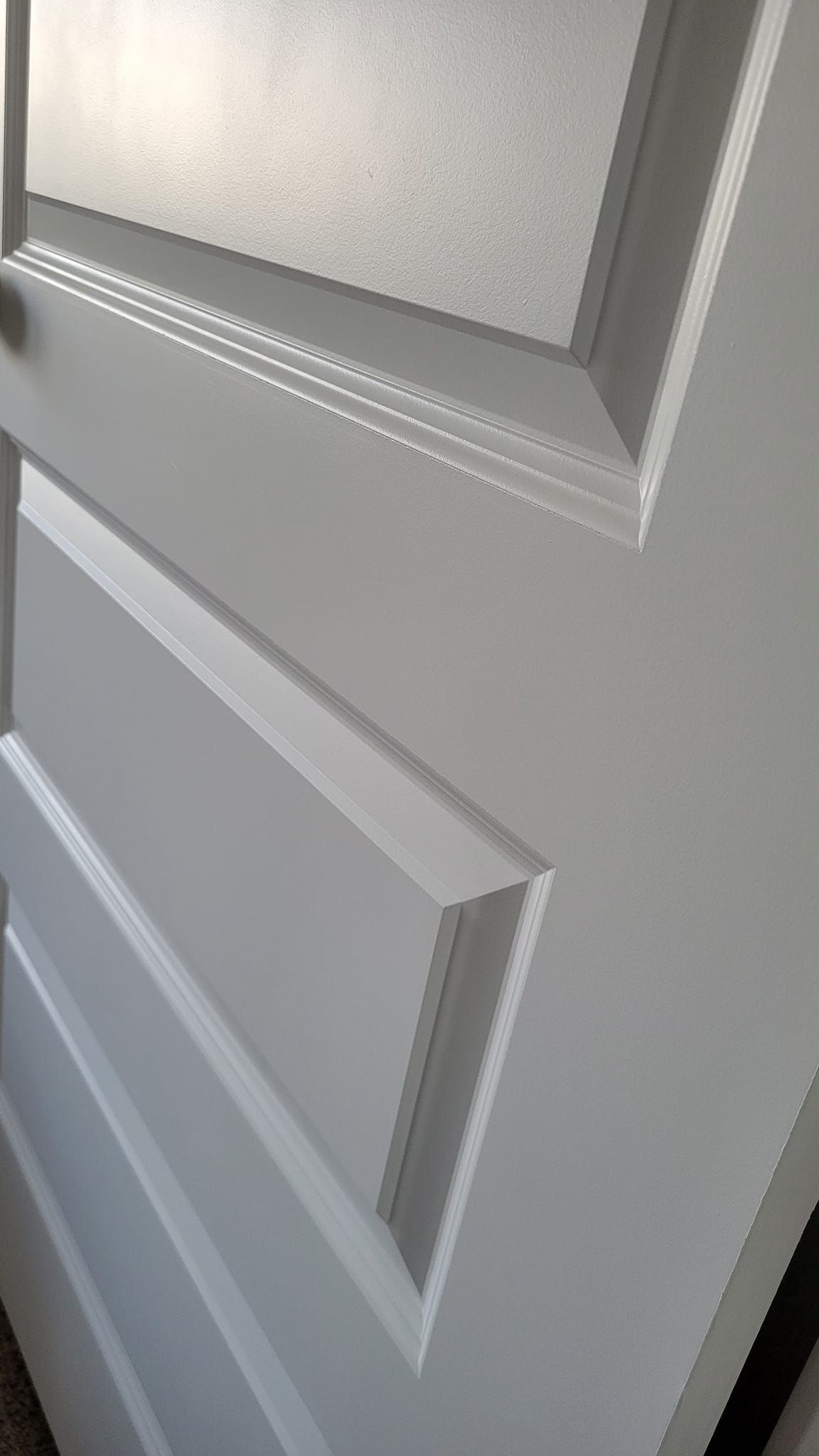 Close-up of a white door with beveled panels, likely interior. The top panel is lit, showing texture.