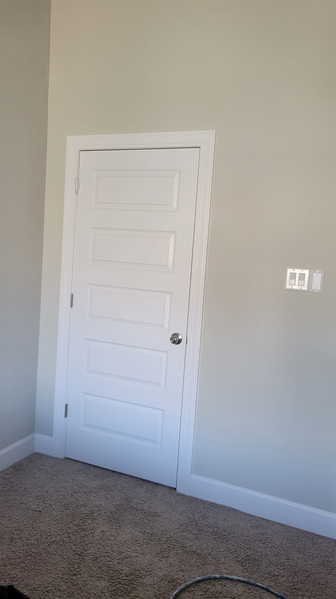 A white, five-panel interior door with white trim against a light gray wall. A light switch is visible on the wall.