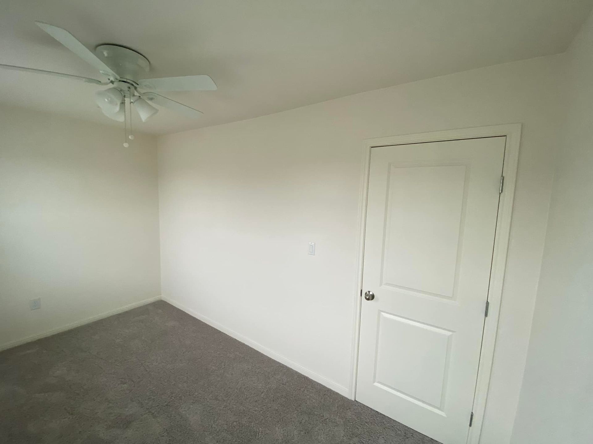 Empty bedroom with a white door, gray carpet, and a ceiling fan. The walls are painted white.