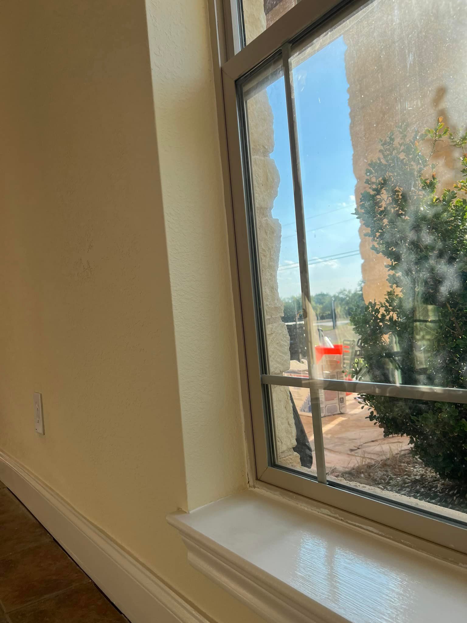 Interior view of a window with a white frame, looking out to a sunny day, with a beige wall to the left.