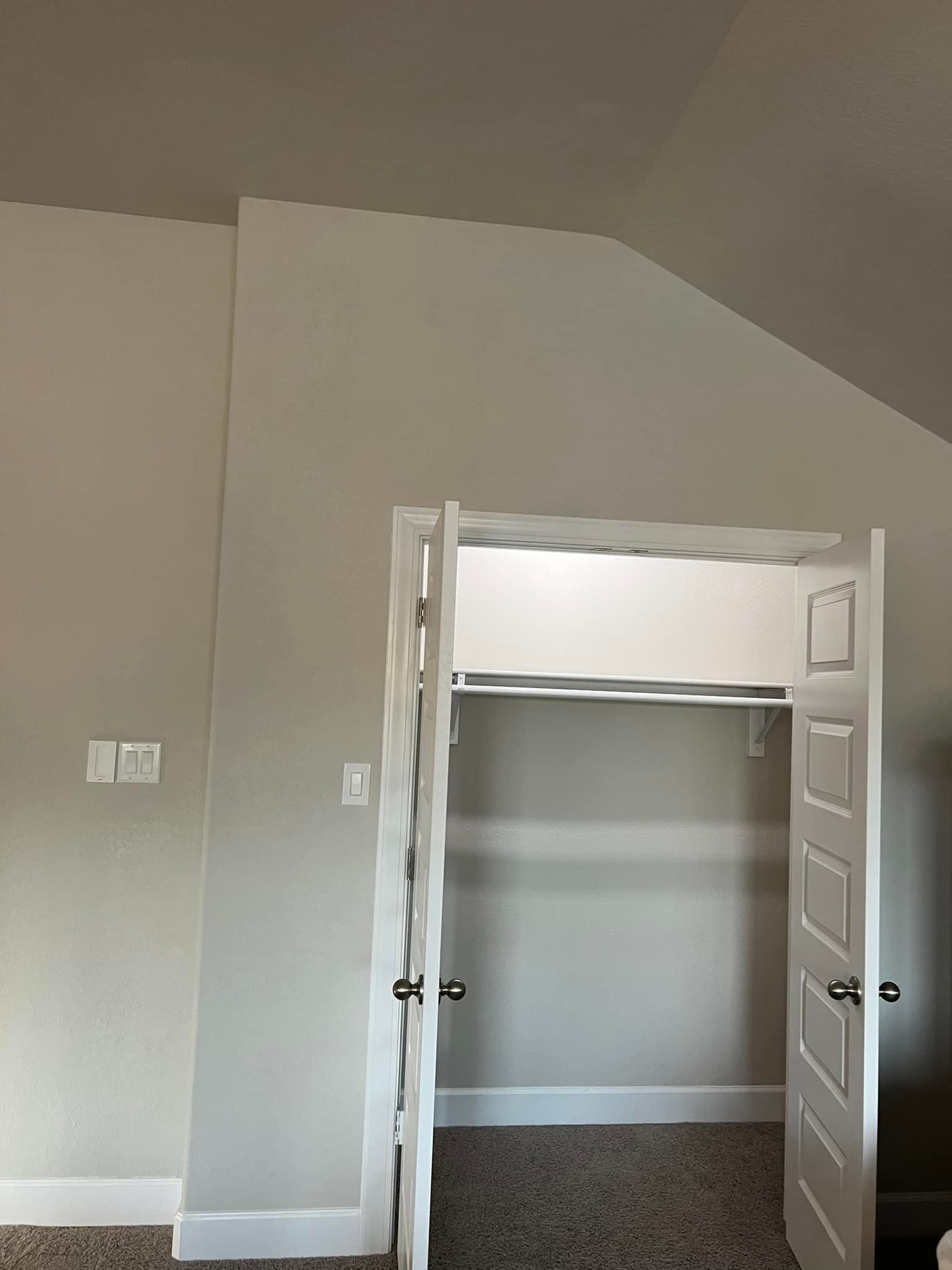 A white-doored closet is open against a light gray wall. A light switch sits to the left.