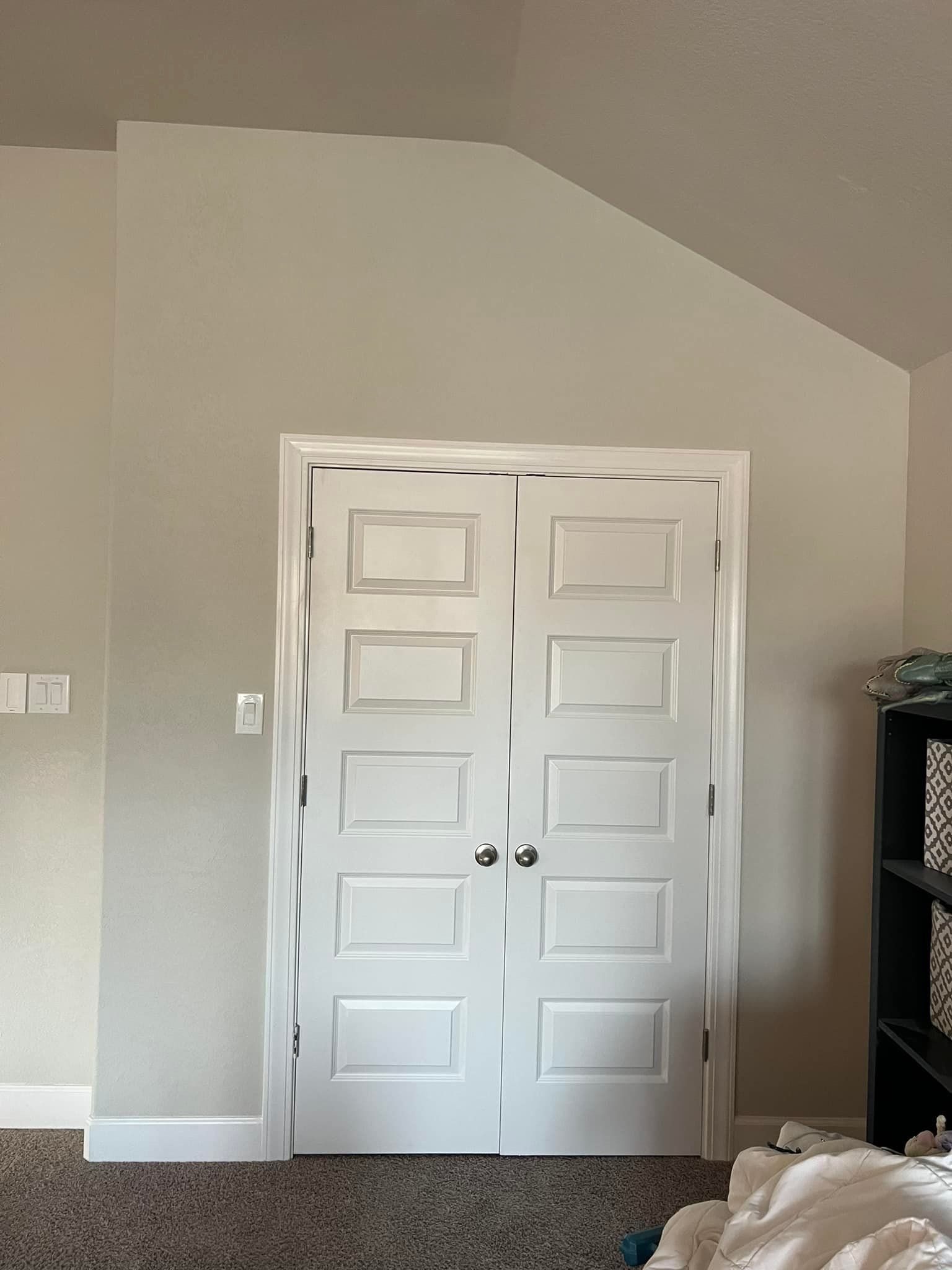 White closet doors centered on a beige wall in a bedroom with carpet and angled ceiling.