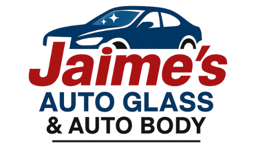 Logo for Jaime's Auto Glass & Auto Body with a blue car, red text, and black text on a white background.